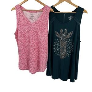 Torrid Lot of 2 Tank Tops Womens 2x Pink V Neck Floral Teal Giraffe Logo Active